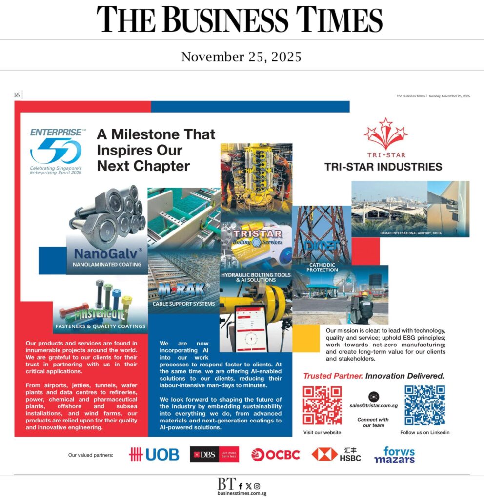 Tri-Star Industries feature in The Business Times (November 25, 2025) showcasing NanoGalv coating, cable support systems, hydraulic bolting tools, cathodic protection solutions, and industrial project highlights.