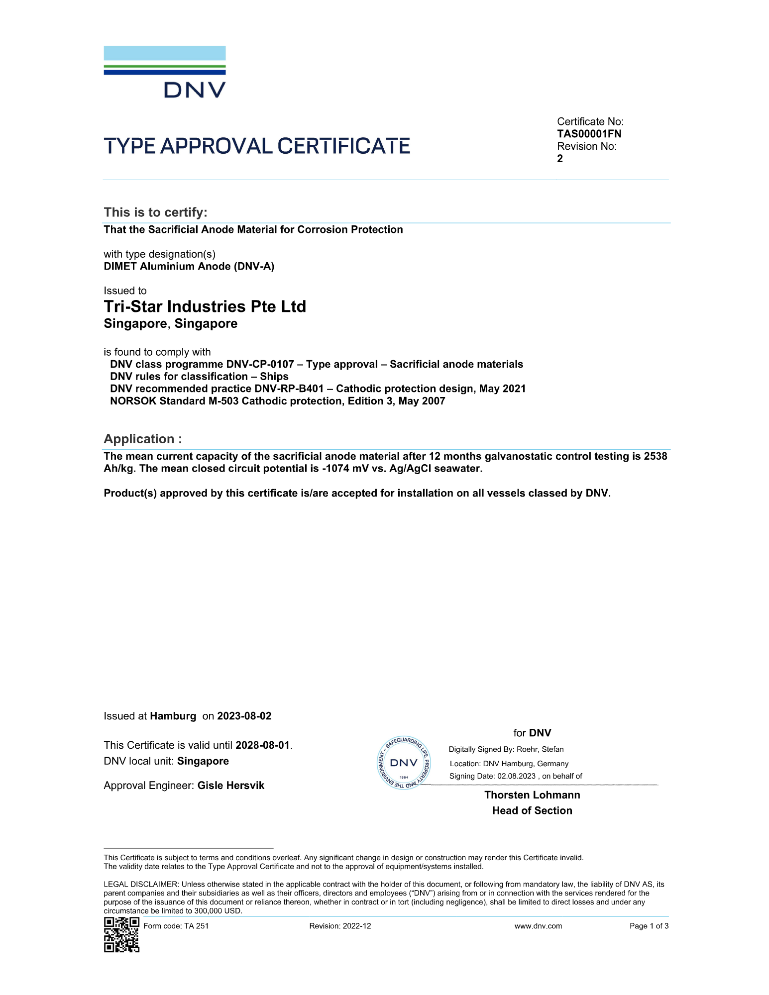 CP DIMET DNV Type Approval Cert